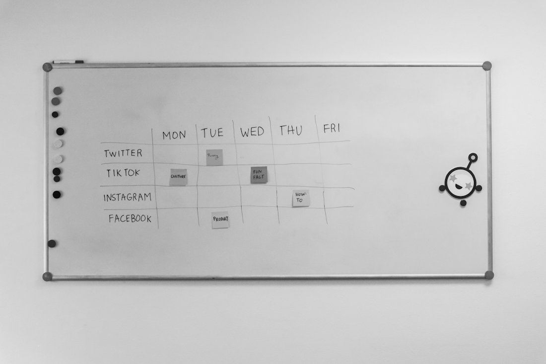 Content plan on a whiteboard with notes for social channels